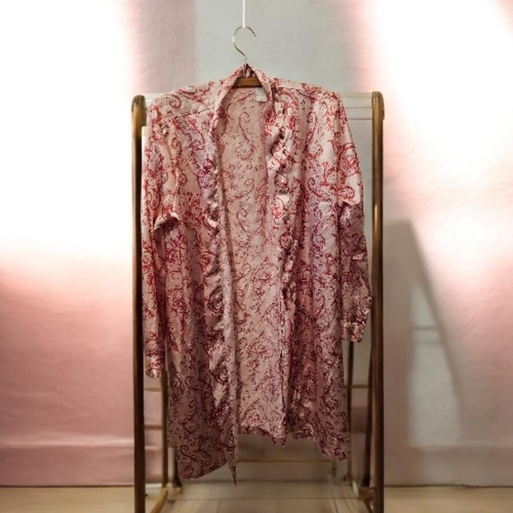 Adonna Pink Paisley Satin Robe with Ruffle Trim